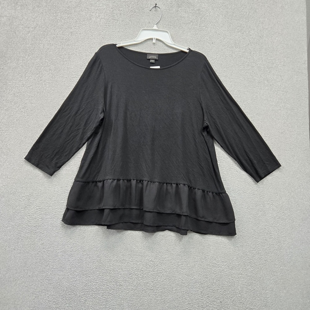 J Jill Women Blouse L Black Wearever Collection Peplum Ruffle Hem 3/4 Sleeve